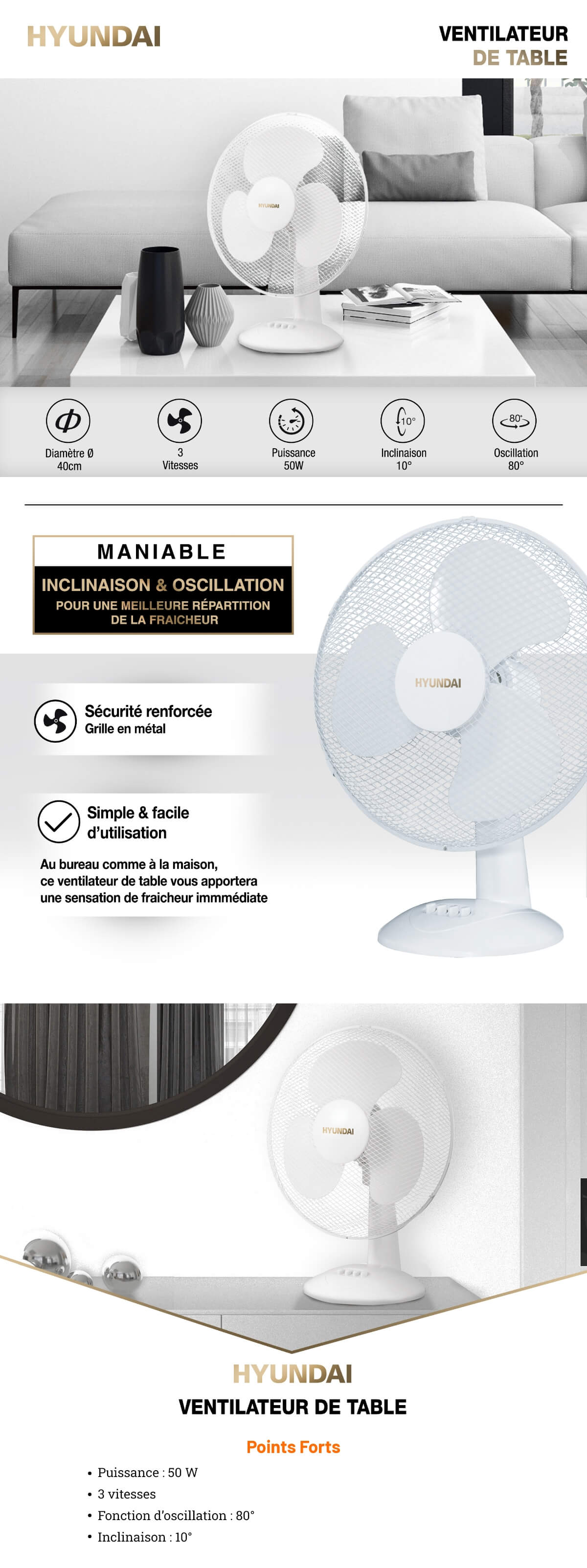 Hyundai - Ventilateur de table 16'' blanc 50W 112 Blanc au meilleur prix