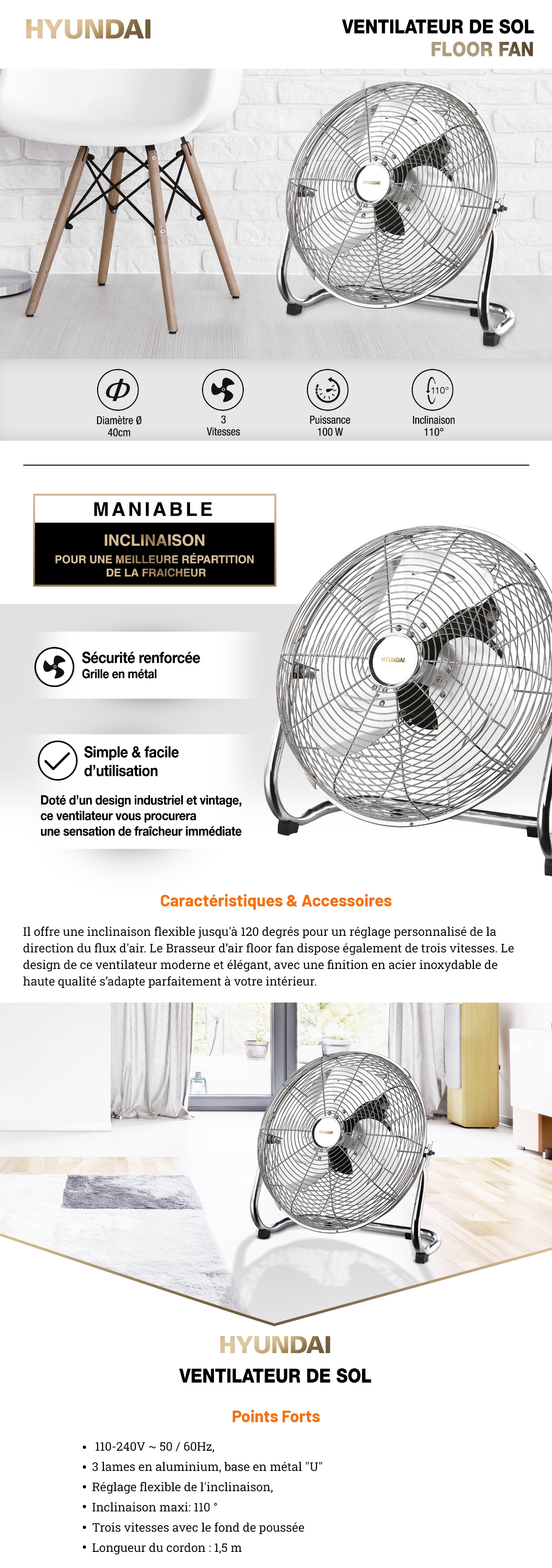 Bestron Retro DFA30CH - Ventilateur - pose au sol - 35 cm - chrome