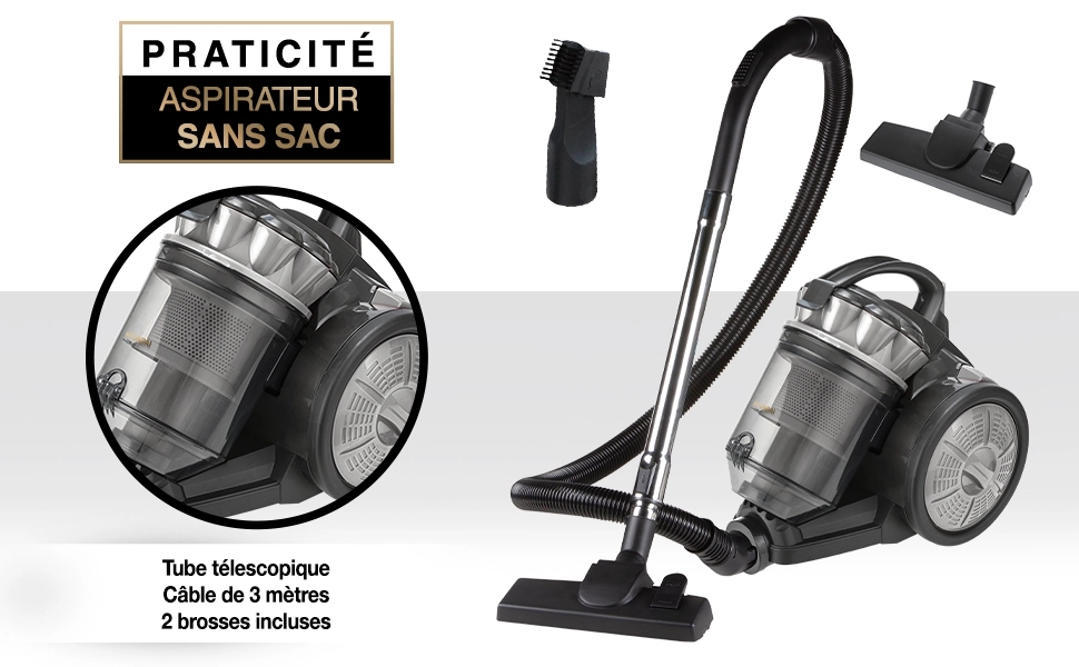 L'Aspirateur traineau sans sac Multi Cyclone Cleancross one dispose d'un tube téléscopique, d'un cable de 3 mètres et de 2 brosses universelles