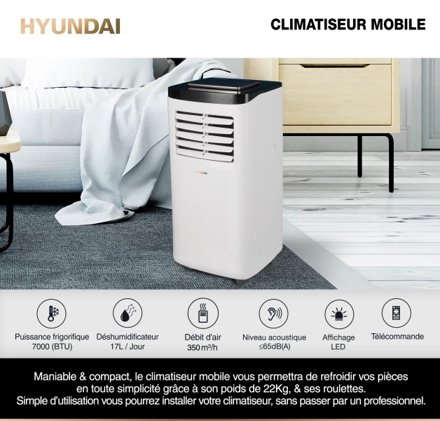 HYUNDAI Climatiseur mobile/ 7000 BTU sur un tapis dans un salon à côté d'un canapé