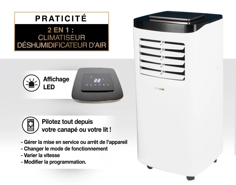 Le HYUNDAI Climatiseur mobile 7000 BTU dispose d'un affichage LED et d'un télécommande de contrôle