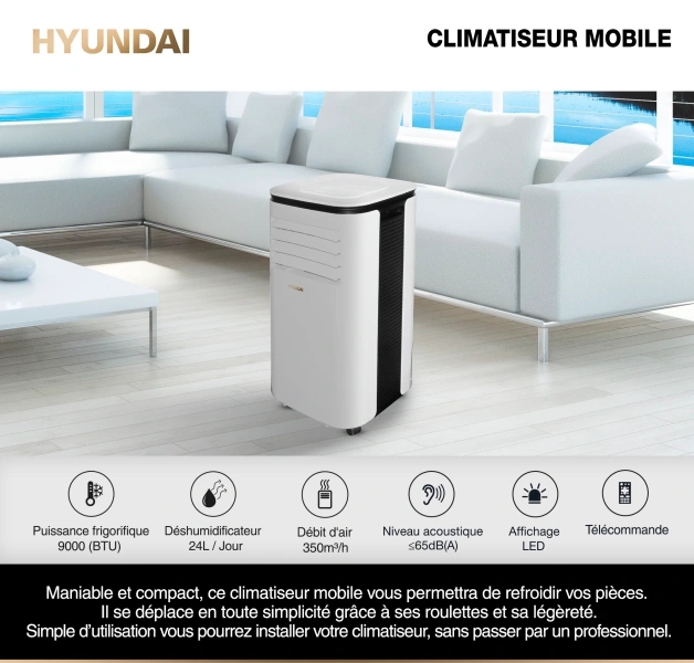 HYUNDAI Climatiseur mobile 9000 BTU dans un salon à côté d'un canapé d'angle