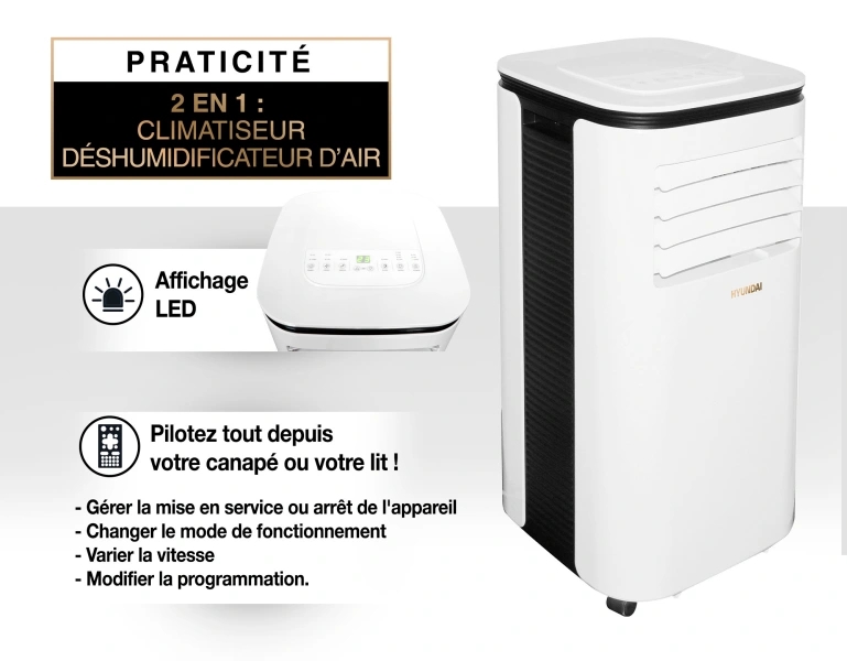 HYUNDAI Climatiseur mobile 9000 BTU dispose d'un écran LED et d'un télecommande de contrôle