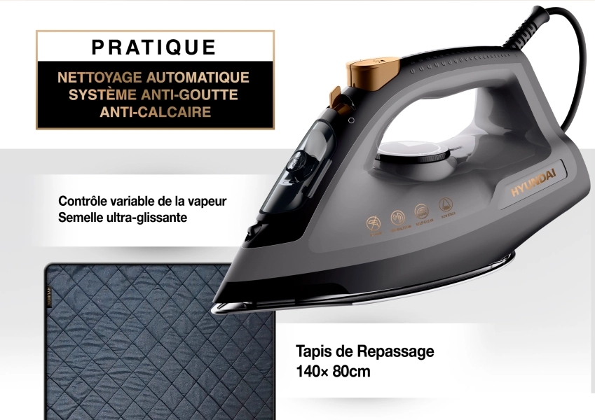 Le Fer à Repasser HYUNDAI Swift 4 dispose d'un tapis de repassage pour transformer n'importe quelle surface en planche à repasser 