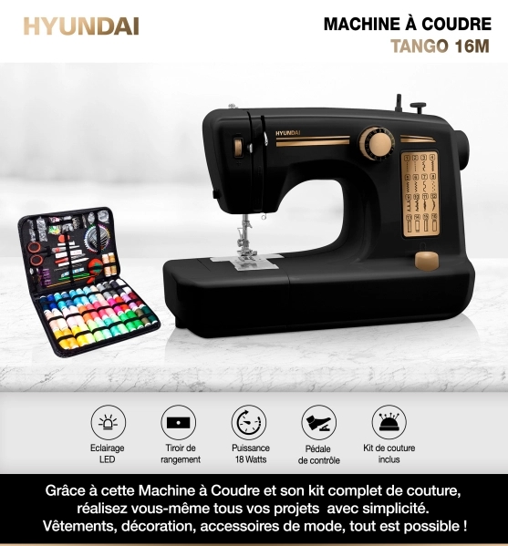 Machine à Coudre HYUNDAI Tango 16M sur un plan de travail à coté d'un kit de couture complet