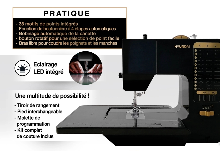 La Machine à Coudre HYUNDAI Jazz 38C dispose de multiples accesoires tels qu'un kit de couture de 100 pièces ou encore un éclairage LED intégré