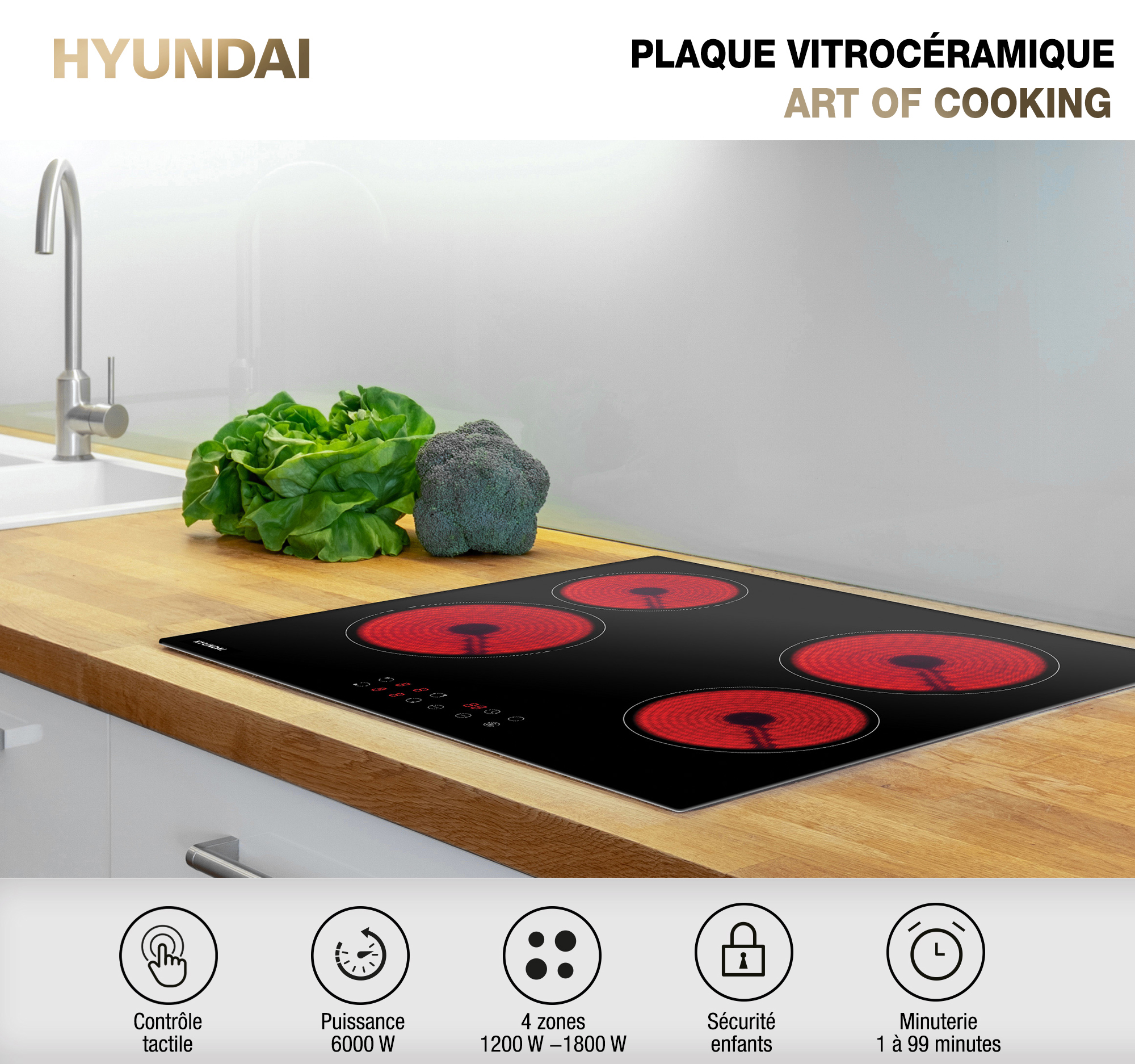 HYUNDAI – Plaque vitrocéramique 4 foyers Table de cuisson 6000W 9  puissances – touche tactile – EASY MOBILIER