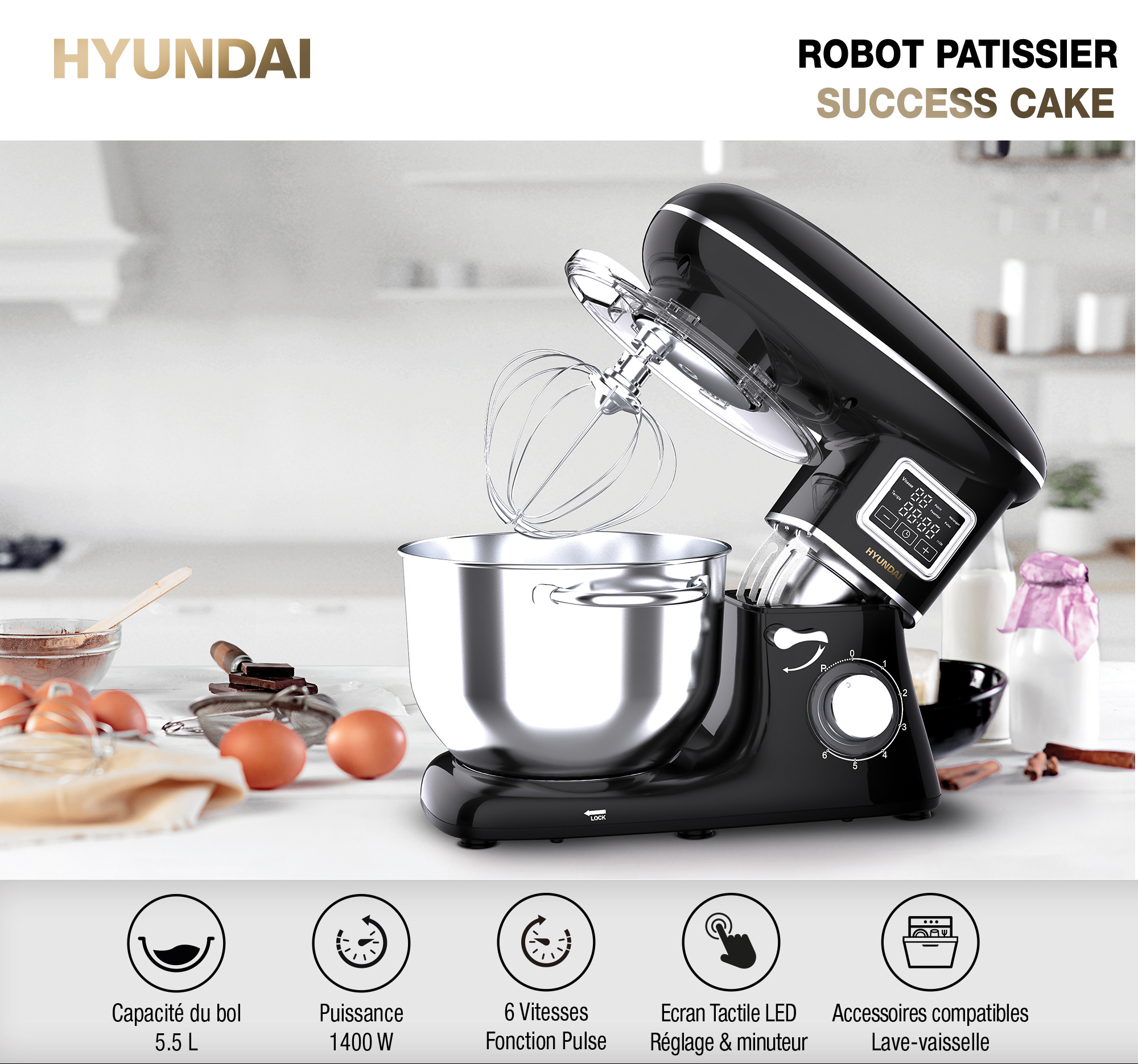 Robot pâtissier Success Cake dna sune cuisine avec des oeufs, du lait et du chocolat fondu