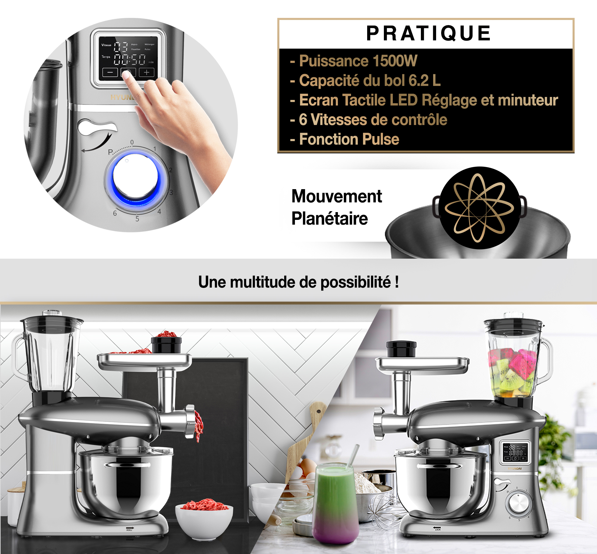 Le rebot pâtissier Success Cake + dispose d'un écran tactile, d'un hachoir et peu même faire des smoothie