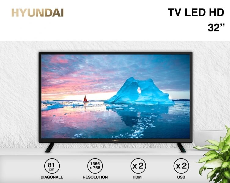 TV HYUNDAI 32″ HD sur un meuble TV devant un meur à coté d'une plante