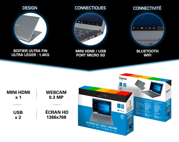 POLAROID - PC PORTABLE 14.1' Design connectiques et connectivités