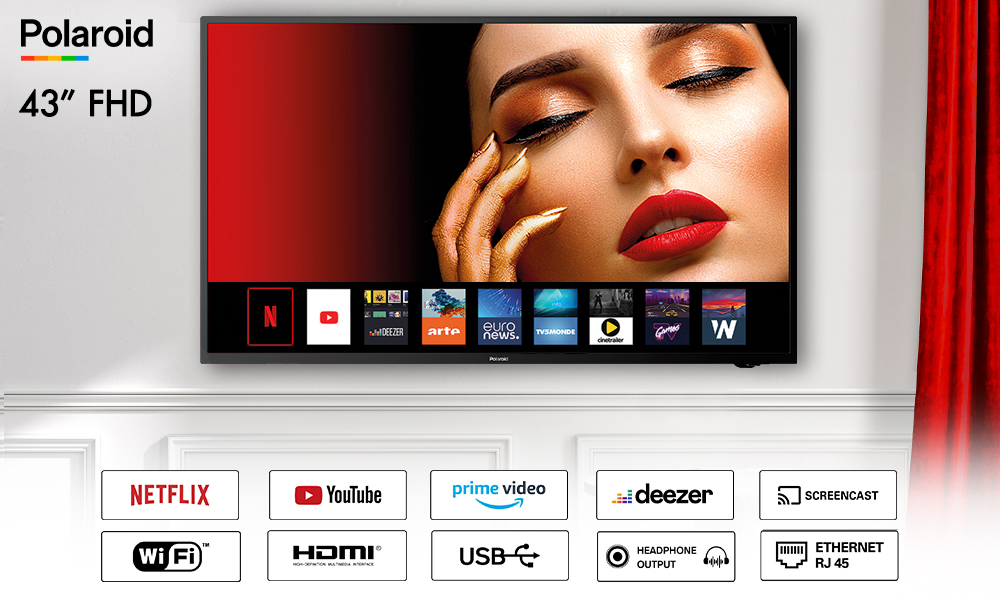 POLAROID SMART TV LED 43' HD dans un salon