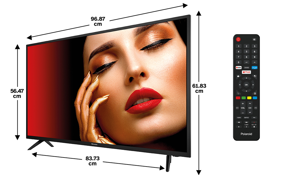 Les dimensions de la POLAROID SMART TV LED 43' HD sont de 96.9 cm par 61.8 cm
