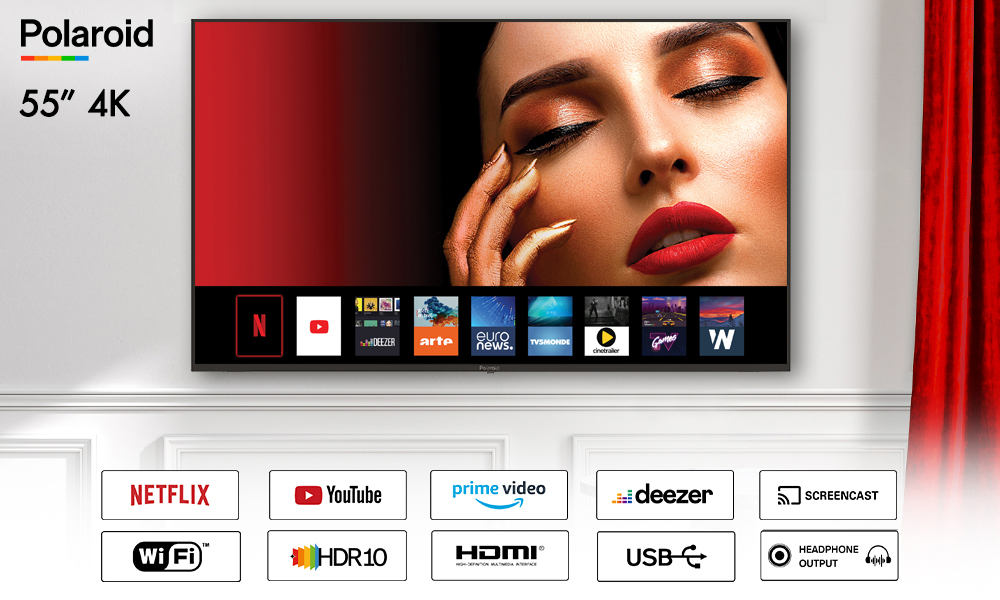 POLAROID SMART TV LED 55' HD dans un salon