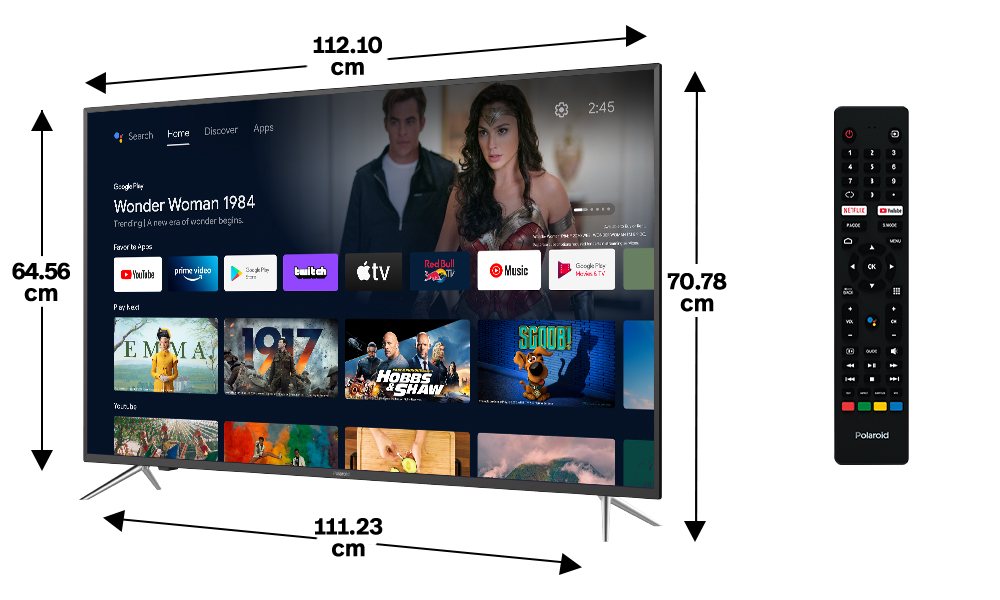 Les dimensions de la POLAROID SMART TV LED 50' HD sont de 112.1 cm par 70.7 cm